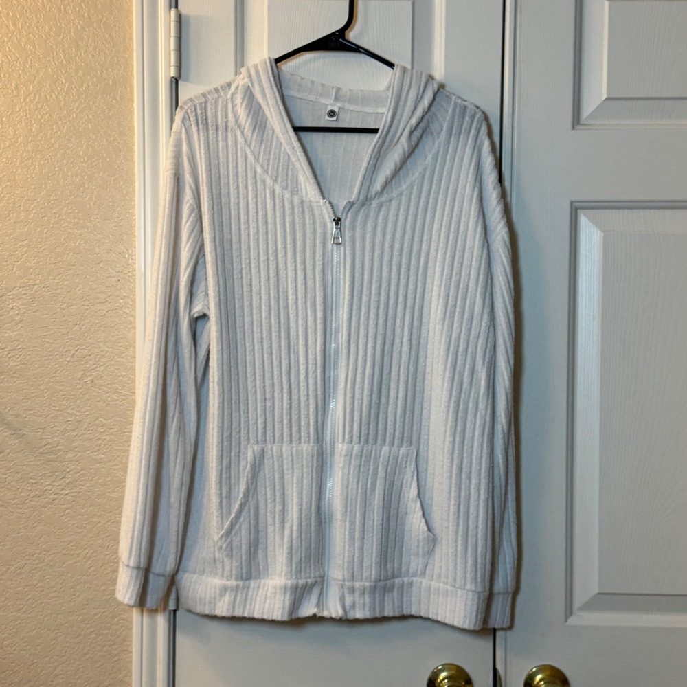 White Ribbed Your Style Zip Up Long Sleeve Terry Cloth Like Beach Hoodie Sz 2XL
